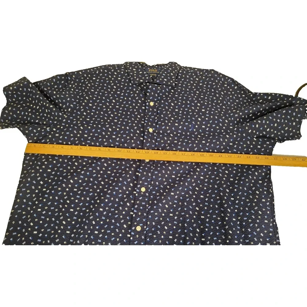 Polo Ralph Lauren Shirt Mens 2XL Blue Button Up Geometric Logo Seersucker Preppy